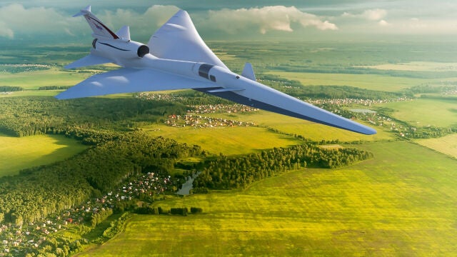 Representación artística del X-59 en vuelo sobre ciudades