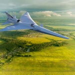 Representación artística del X-59 en vuelo sobre ciudades