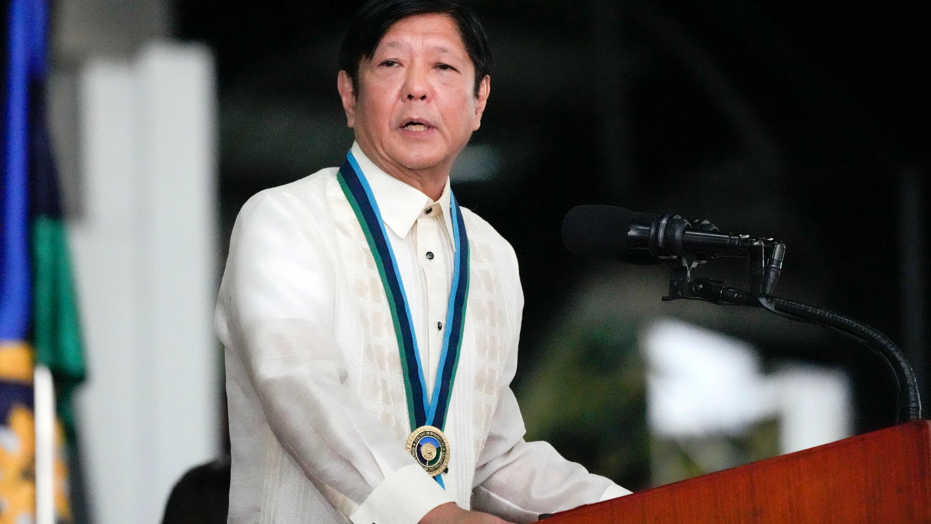 FILE - Philippines' President Ferdinand Marcos Jr. delivers his speech during the 88th anniversary of the Armed Forces of the Philippines at Camp Aguinaldo military headquarters in Quezon city, Philippines on Dec. 21, 2023. Philippine President Ferdinand Marcos has congratulated the winner of Taiwan’s presidential election, Lai Ching Te — who had been strongly opposed by China — saying in a statement that he looks forward to “close collaboration." (AP Photo/Aaron Favila, File)