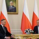Polish President Andrzej Duda (L) and Prime Minister Donald Tusk (R) during a meeting at the Presidential Palace in Warsaw, Poland, 15 January 2024. 