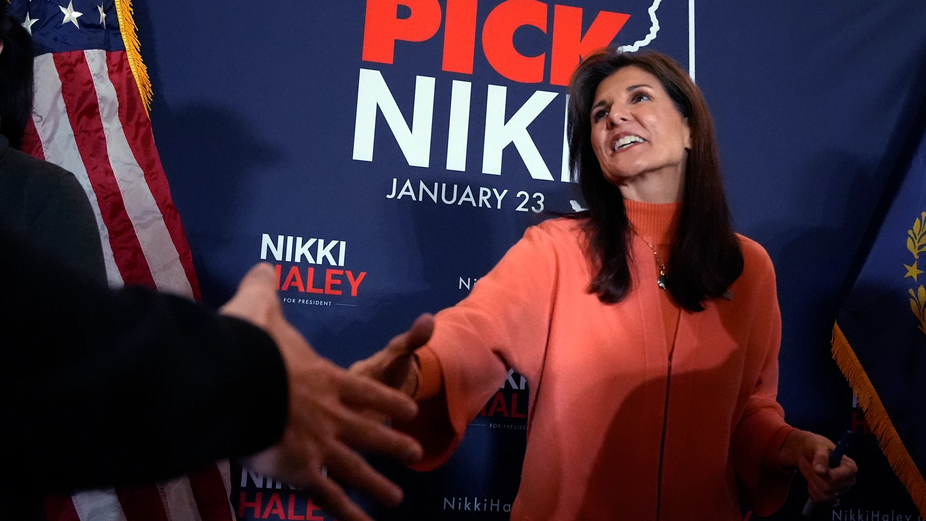 Republican presidential candidate former UN Ambassador Nikki Haley shakes hands during a campaign stop, Tuesday, Jan. 16, 2024, in Bretton Woods, N.H. (AP Photo/Charles Krupa)