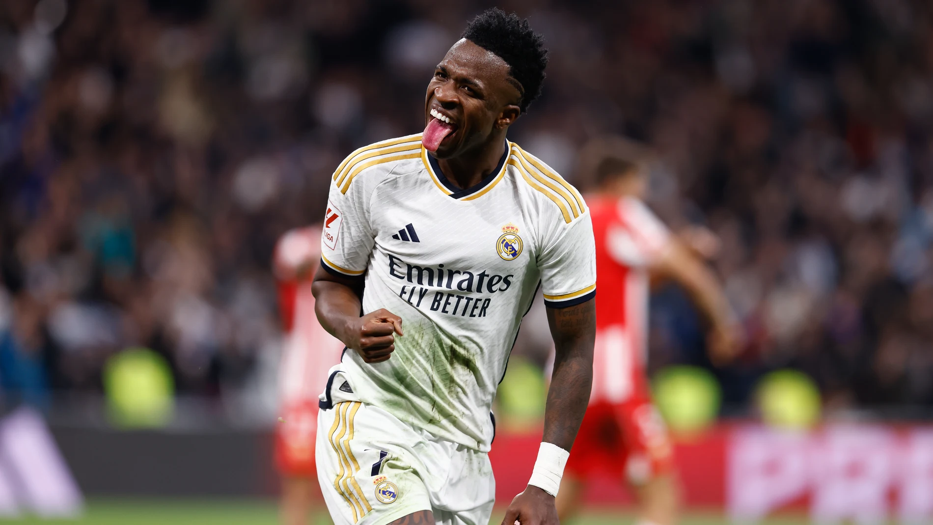 Vinicius Junior of Real Madrid celebrates a goal during the Spanish League, LaLiga EA Sports, football match played between Real Madrid and UD Almeria at Santiago Bernabeu stadium on January 21, 2024 in Madrid, Spain. AFP7 21/01/2024 ONLY FOR USE IN SPAIN
