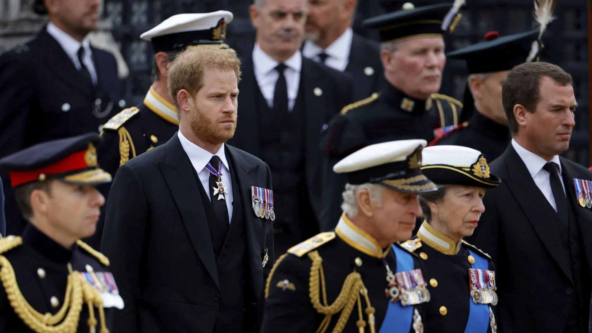 From second left, Prince Harry, King Charles III, Princess Anne and Peter Phillips arrive at Westminster Abbey for the funeral of Queen Elizabeth II, in London, Sept. 19, 2022. (Sarah Meyssonnier/Pool Photo via AP)