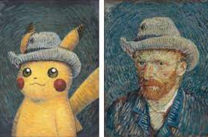 A la izquierda, el Pokémon ataviado con el sombrero de fieltro gris, junto al «Autorretrato» de Van Gogh