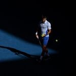 Novak Djokovic of Serbia in action during his Men'Äôs semifinal against Jannik Sinner of Italy on Day 13 of the 2024 Australian Open at Melbourne Park in Melbourne, Australia.