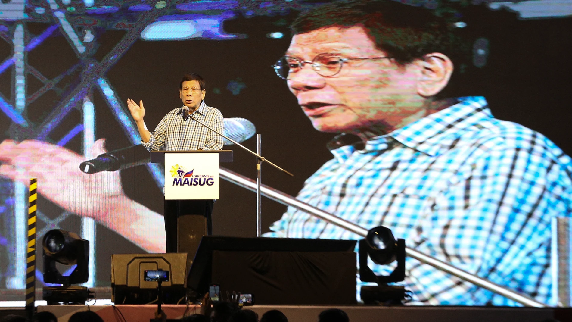 Former Philippine President Rodrigo Duterte gestures during his speech in Davao, southern Philippines late Sunday Jan. 28, 2024. Former President Duterte is throwing allegations at his successor, Fernando Marcos Jr., and even raising the prospect of removing him from office, bringing into the open a long-rumored split between the two.(AP Photo/Manman Dejeto)