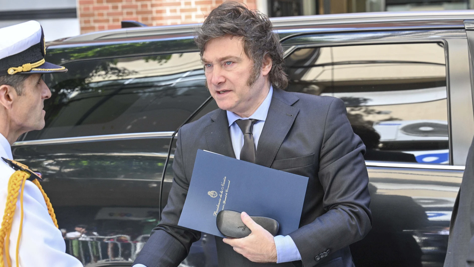 Javier Milei, President of Argentina, arrives at a memorial service for the victims of National Socialism. 