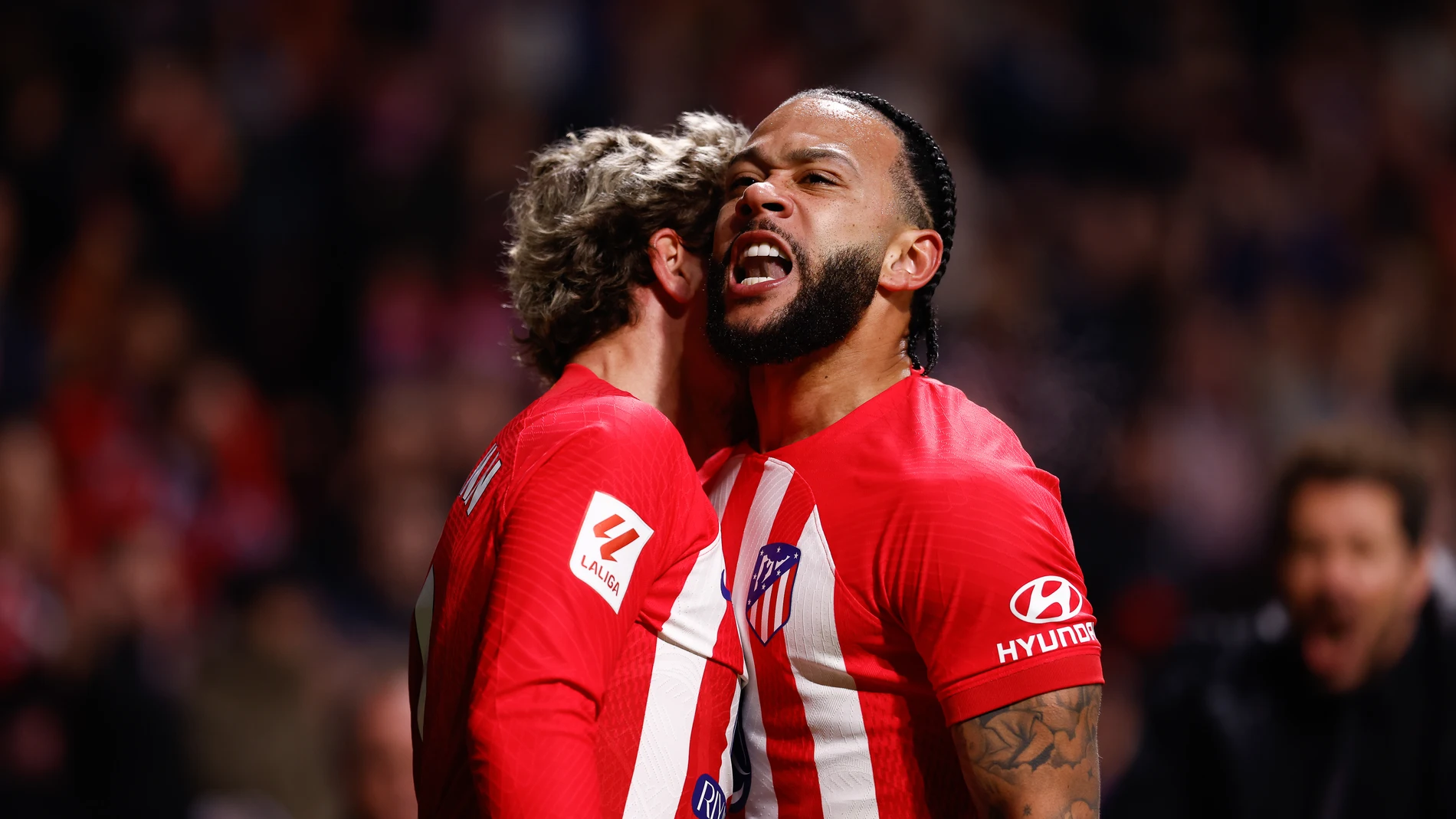 Memphis Depay of Atletico de Madrid celebrates a goal during the Spanish League, LaLiga EA Sports, football match played between Atletico de Madrid and Rayo Vallecano at Civitas Metropolitano stadium on January 31, 2024 in Madrid, Spain. AFP7 31/01/2024 ONLY FOR USE IN SPAIN
