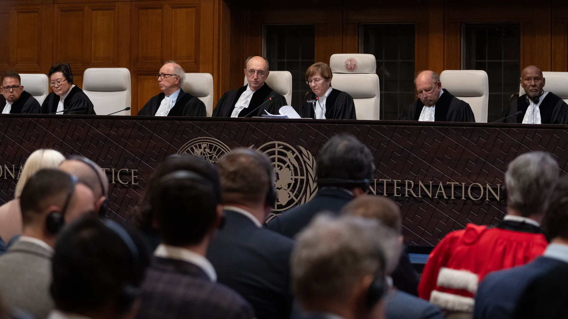 Presiding judge Joan Donoghue, third from right, reads the United Nations top court's ruling in The Hague, Netherlands, Wednesday, Jan. 31, 2024, in a case in which Ukraine accuses Russia of bankrolling rebels in 2014 and discriminating against Crimea's multiethnic community since its annexation of the region. It is the first of two decisions by the International Court of Justice linked to the decade-long conflict between Russia and Ukraine that exploded into a full-blown war nearly two years...