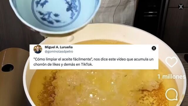 Tweet de Miguel A.Lureña: "Cómo limpiar el aceite fácilmente", nos dice este vídeo que acumula un chorrón de likes y demás en TikTok.