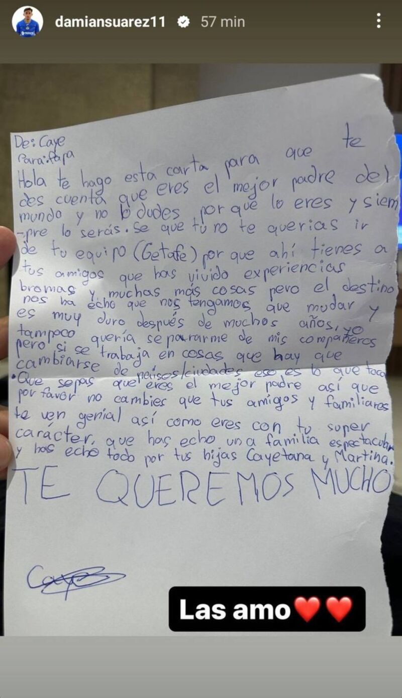 La carta de la hija de Damián Suárez