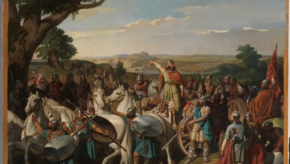 &quot;El rey don Rodrigo arengando a los jefes de su ejército antes de dar la batalla del Guadalete&quot; (1871), de Bernardo Blanco y Pérez