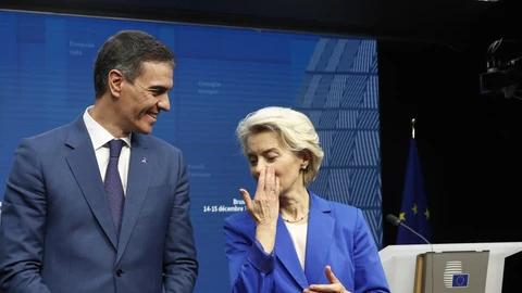 Spain's Prime Minister Pedro Sanchez and European Commission President Ursula von der Leyen pose at a media conference at the conclusion of a European Union summit in Brussels.