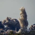 Smoke and explosion following an Israeli bombardment inside the Gaza Strip, as seen from southern Israel, Sunday, Feb. 11, 2024.