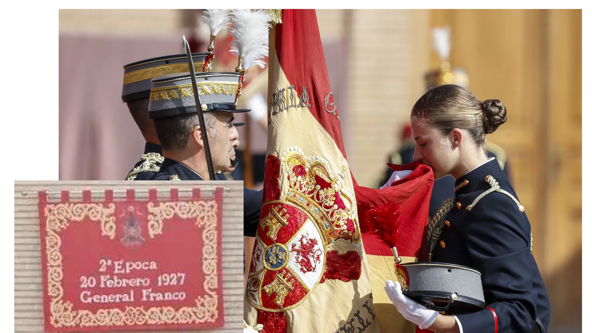 El pendón repostero que alude a Franco se pudo ver en la ceremonia de jura de bandera de la princesa de Asturias, Leonor de Borbón, celebrada en la Academia Militar de Zaragoza.