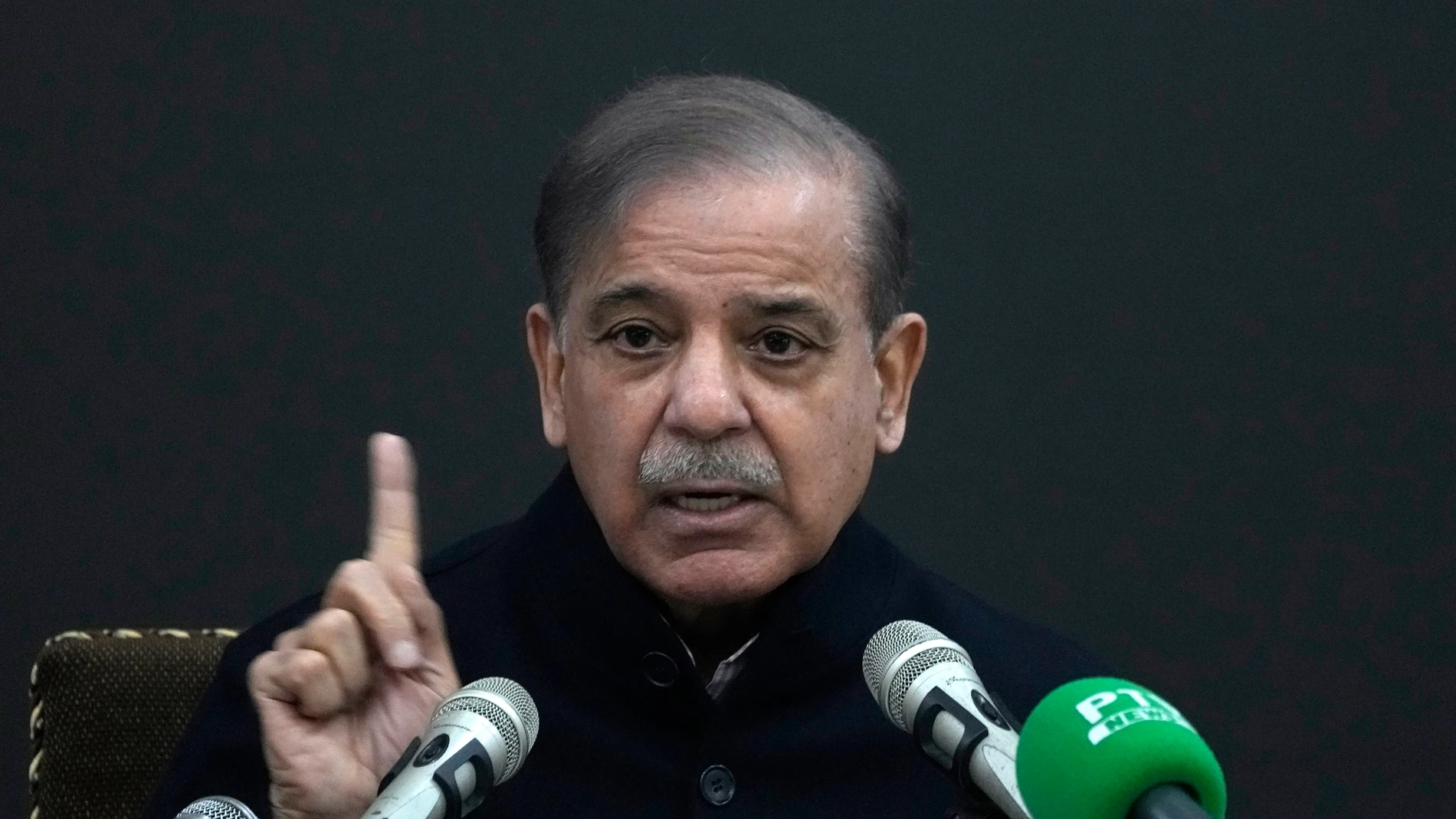 Pakistan's former Prime Minister Shehbaz Sharif speaks during a press conference regarding parliamentary elections, in Lahore, Pakistan, Tuesday, Feb. 13, 2024. Sharif, the main political rival of ex-Pakistani premier Imran Khan challenged him Tuesday to form a government if he had the support of the majority of the newly elected lawmakers in the parliament. (AP Photo/K.M. Chaudary)