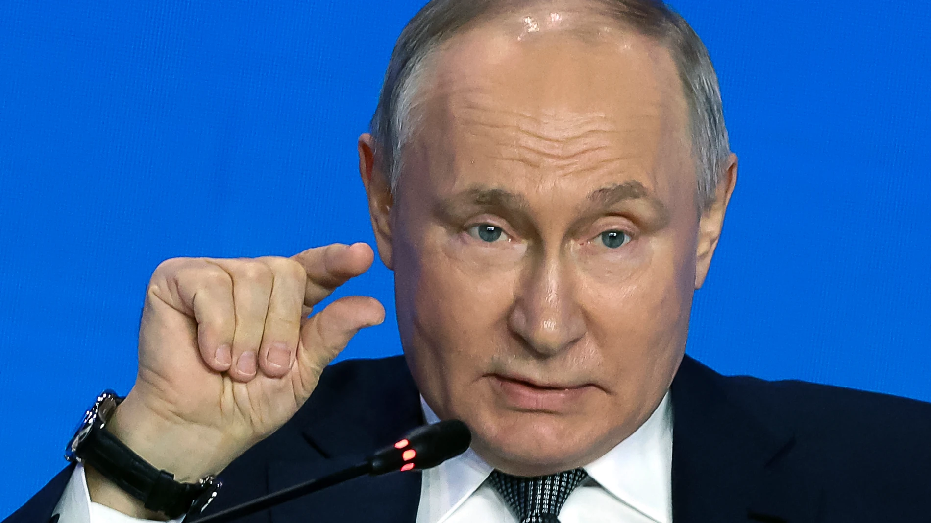 Russian President Vladimir Putin gestures as he speaks to scientists on the sidelines of the Future Technologies Forum at the World Trade Centre in Moscow, Russia, Wednesday, Feb. 14, 2024. (Sergei Karpukhin, Sputnik, Kremlin Pool Photo via AP)