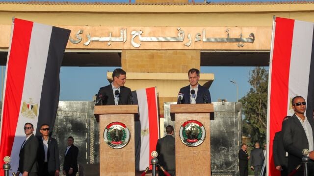 Belgian Prime Minister Alexander De Croo and Prime Minister of Spain Pedro Sanchez hold a press conference at Rafah border crossing in Egypt.