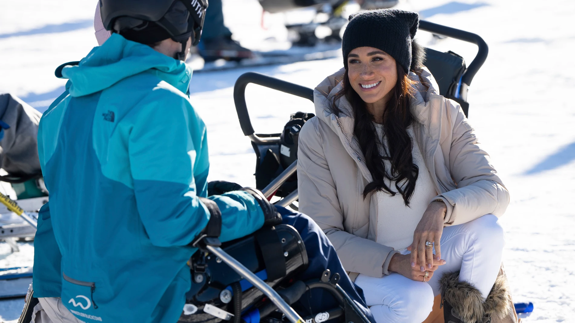 Meghan Markle, The Duchess of Sussex, meets with athletes during the Invictus Games training camp in Whistler, British Columbia, on Wednesday, Feb. 14, 2024. (Ethan Cairns/The Canadian Press via AP)