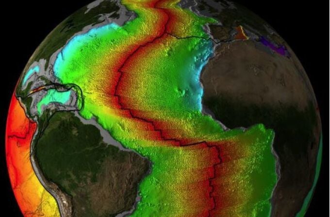 Imagen de la edad de la corteza del Océano Atlántico con placas