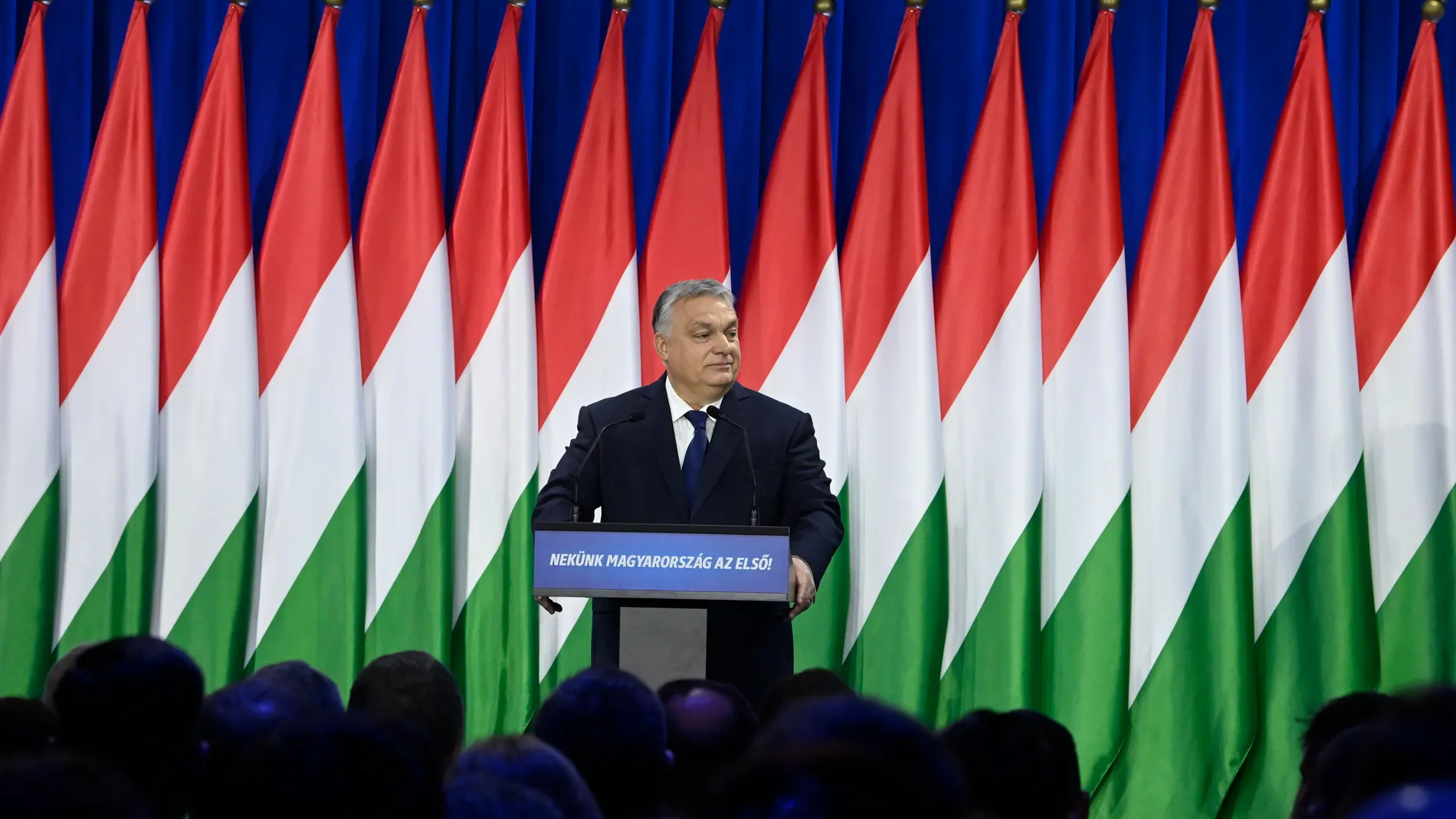 Budapest (Hungary), 17/02/2024.- Hungarian Prime Minister Viktor Orban delivers his annual 'State of Hungary' address in Budapest, Hungary, 17 February 2024. The inscription on the podium reads: 'For us Hungary is the first!'. (Hungría) EFE/EPA/SZILARD KOSZTICSAK HUNGARY OUT