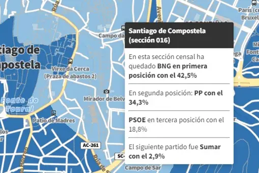 El mapa, calle a calle y municipio a municipio, de los resultados de las elecciones en Galicia