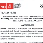 Primera página de la resolución interna con la que el PSOE suspende como afiliado a Ábalos