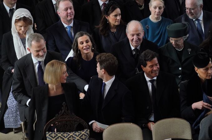 (front row left to right) Princess Olympia of Greece, Prince Achilleas of Greece, Carlos Morales and Princess Tatiana of Greece joined by (second row left to right) King Felipe of Spain, Queen Letizia of Spain, King Juan Carlos of Spain and Princess Benedikte of Denmark attend a thanksgiving service for the life of King Constantine of the Hellenes at St George's Chapel, in Windsor Castle, Berkshire.