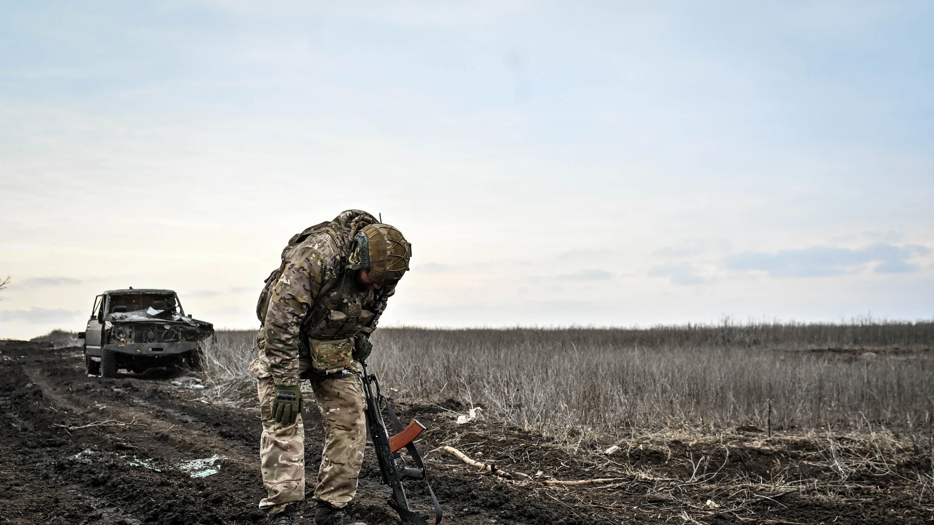 A serviceman from the 65th Separate Mechanized Brigade of the Land Forces of the Armed Forces of Ukraine is standing on the outskirts of Robotyne in the Zaporizhzhia region, southeastern Ukraine.