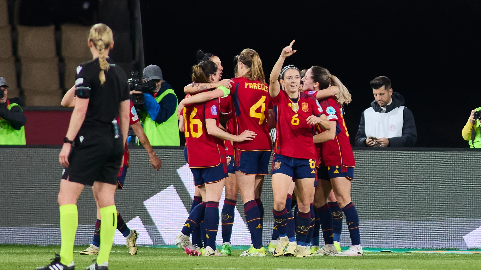 Aitana Bonmati of Spain celebrates a goal during the Final UEFA Womens Nations League match played between Spain and France at La Cartuja stadium on February 28, 2024, in Sevilla, Spain. AFP7 28/02/2024 ONLY FOR USE IN SPAIN