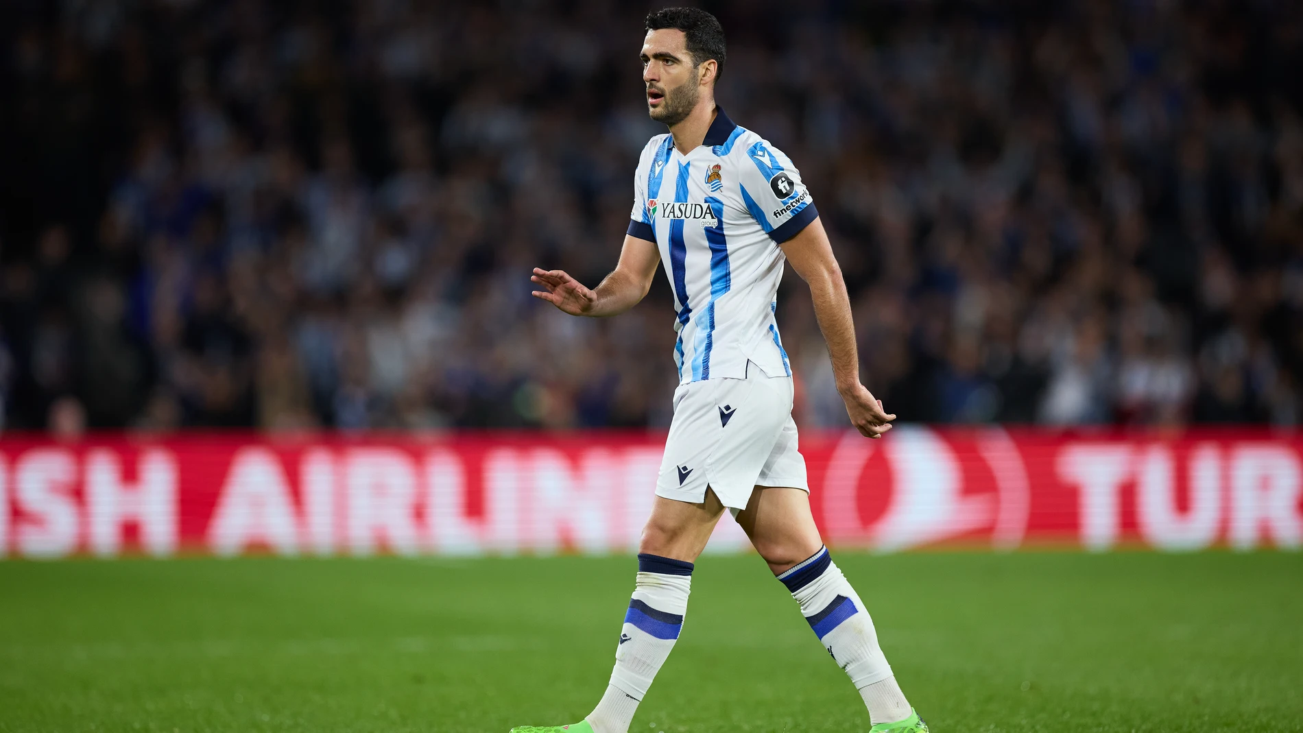 Mikel Merino of Real Sociedad reacts during the UEFA Champions League match between Real Sociedad and Paris Saint-Germain at Reale Arena on March 5, 2024, in San Sebastian, Spain. AFP7 05/03/2024 ONLY FOR USE IN SPAIN