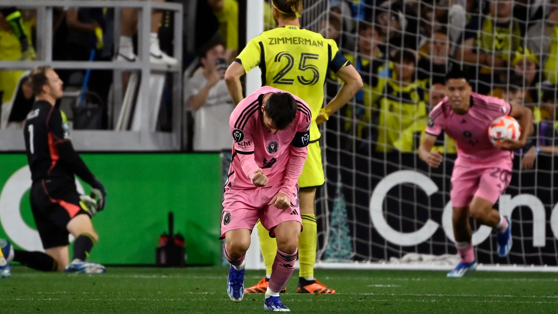 Inter Miami forward Lionel Messi (10) pumps his fist after scoring against Nashville SC during the second half of a CONCACAF Champions Cup tournament soccer match Thursday, March 7, 2024, in Nashville, Tenn. The match ended in a 2-2 draw. (AP Photo/Mark Zaleski)