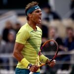 Rafael Nadal of Spain reacts as he plays Felix Auger-Aliassime of Canada in their menís fourth round match during the French Open tennis tournament at Roland Garros in Paris