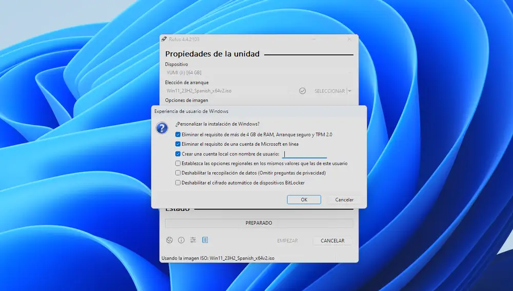 Opciones adicionales de Rufus sobre Windows To Go. 