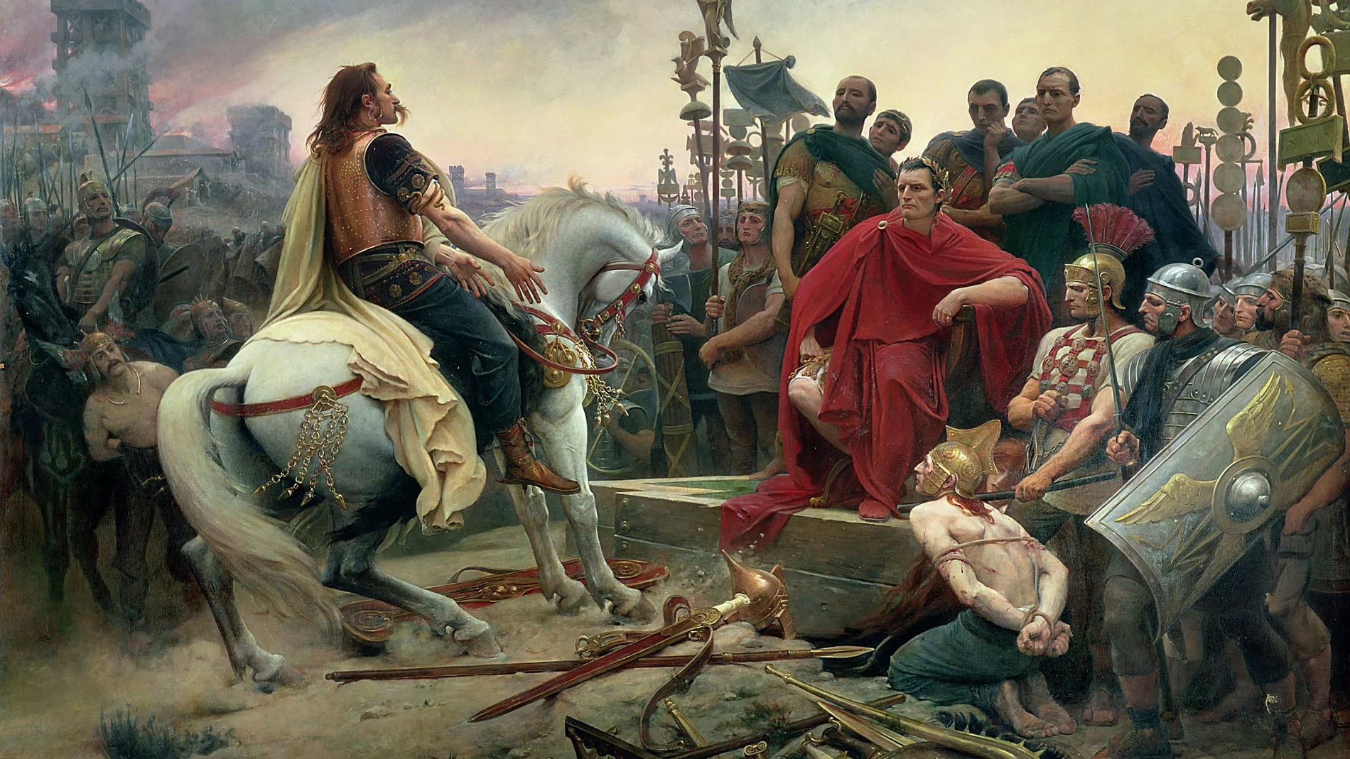 Vercingétorix arroja sus armas a los pies de Julio César en este óleo de 1899 de Lionel Noel Royer,que representa la lucha contra los galos 