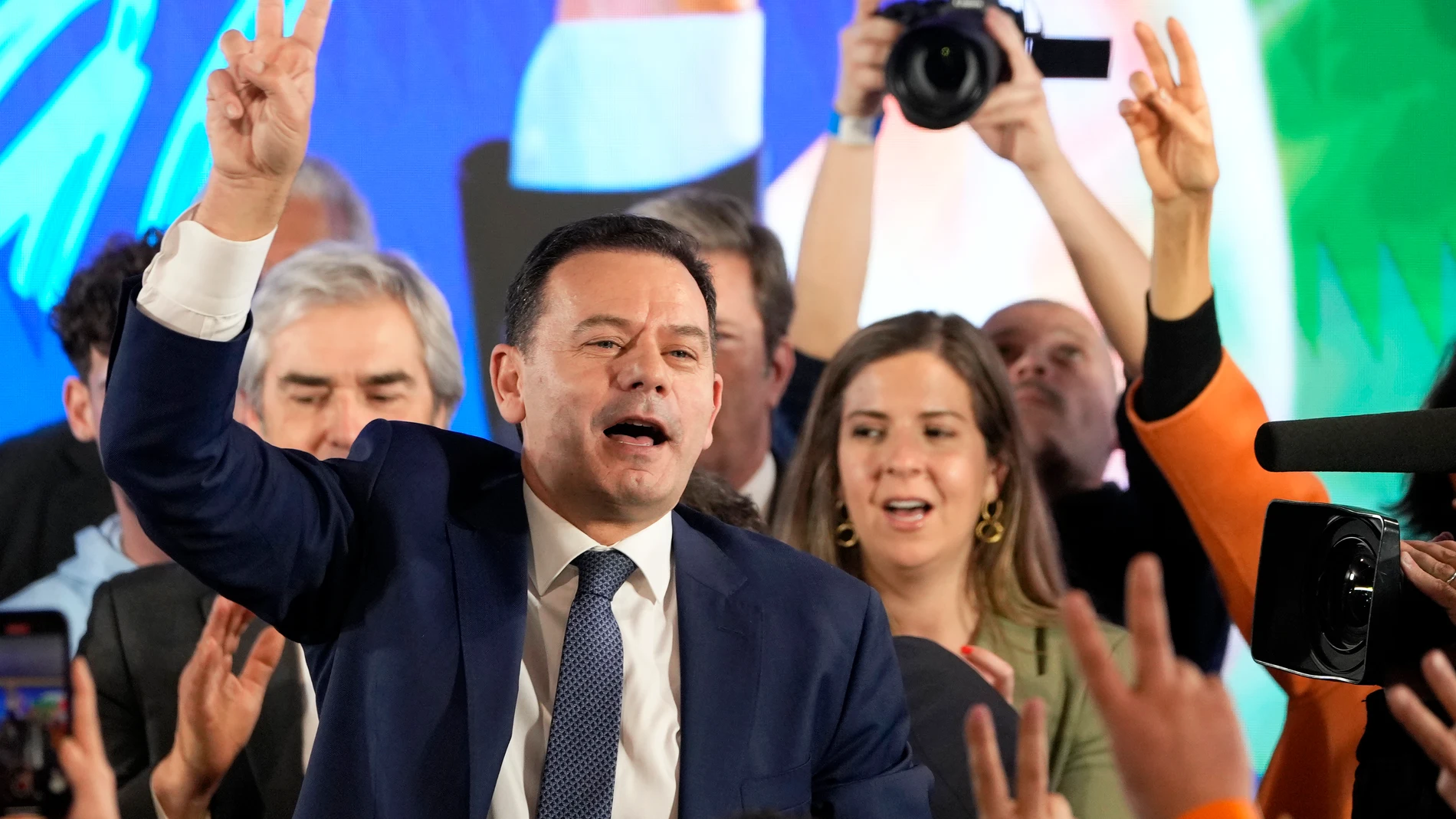 Luis Montenegro, leader of the center-right Democratic Alliance, gestures to supporters after claiming victory in Portugal's election, in Lisbon, Monday, March 11, 2024. AP Photo/Armando Franca)