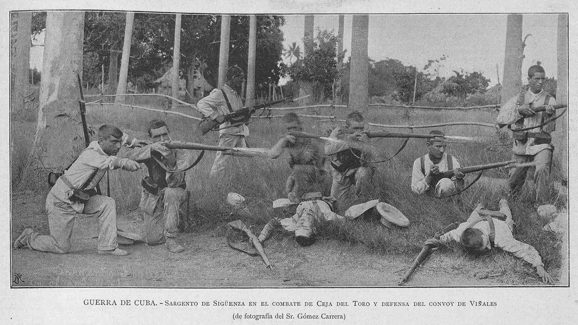 Soldados españoles defienden un convoy en Ceja del Toro, durante la guerra de Cuba de 1895