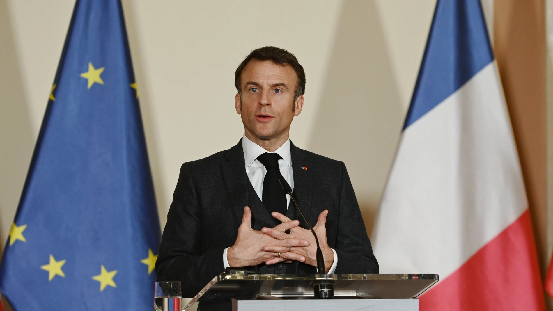 March 5, 2024, Prague, Czech Republic: French president Emmanuel Macron is seen during a joint press conference after meeting with Czech prime minister Petr Fiala (Not in view) in Prague. President of France Emmanuel Macron meets with Prime minister of the Czech Republic during his visit to the Czech Republic. During the meeting, main discussed point are cooperation in defence, energy and Russian aggression in Ukraine.05/03/2024