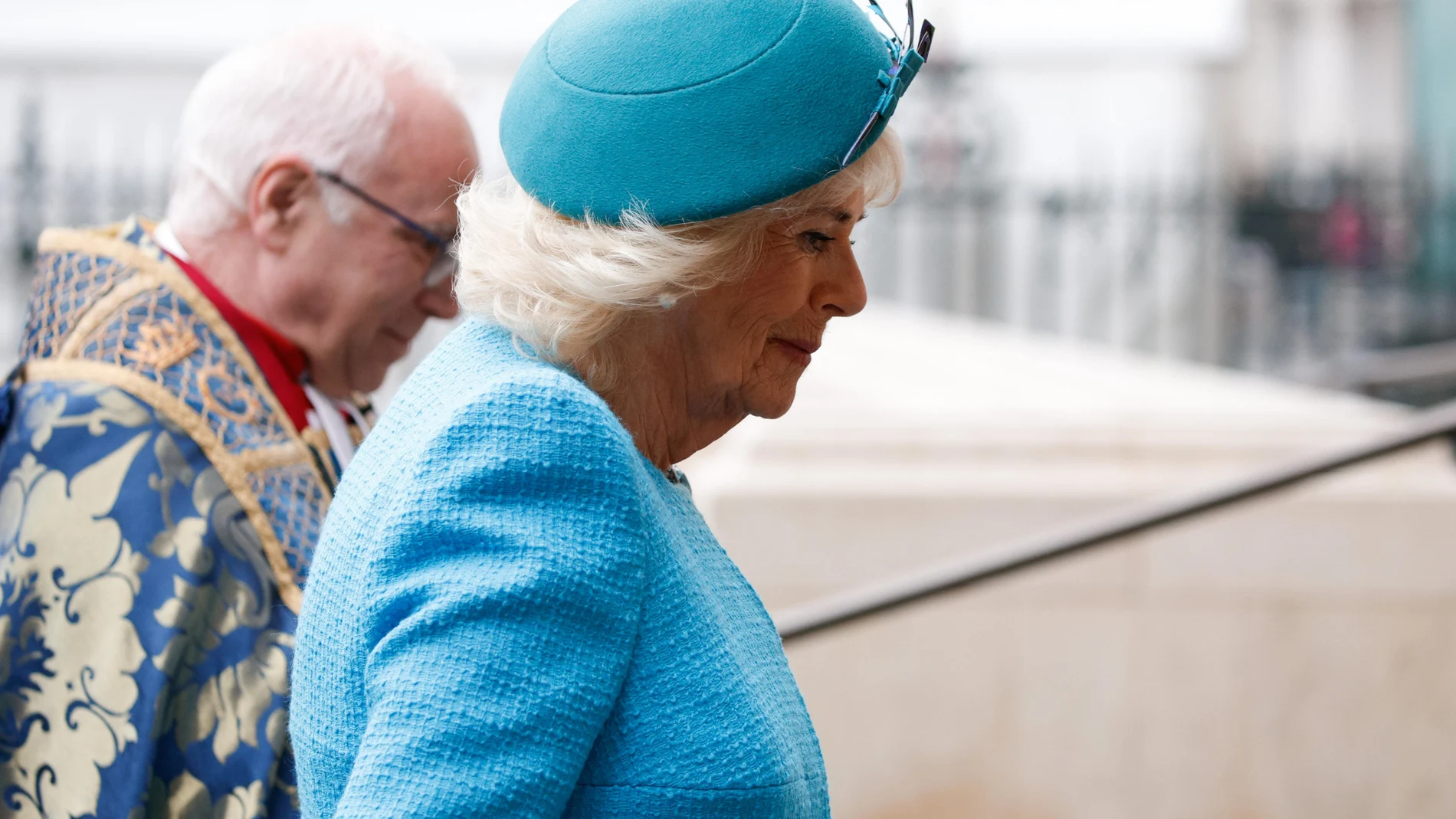 Britain's Queen Camilla arrives for the annual Commonwealth Day Service of Celebration at Westminster Abbey in London