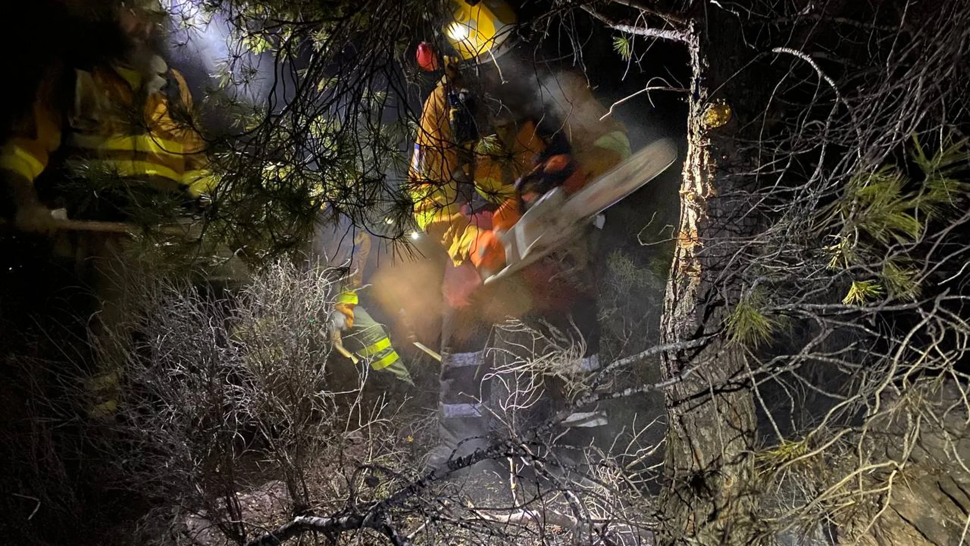 MURCIA, 15/03/2024.- Varios bomberos trabajan en las labores de extinción del 'conato' de incendio forestal declarado anoche en Algezares (Murcia), que a esta hora está controlado a falta de ser extinguido, para lo que dos brigadas de intervención rápida han relevado esta mañana a los efectivos que se encontraban desde anoche en la zona. EFE/112 Murcia/SOLO USO EDITORIAL/SOLO DISPONIBLE PARA ILUSTRAR LA NOTICIA QUE ACOMPAÑA (CRÉDITO OBLIGATORIO)