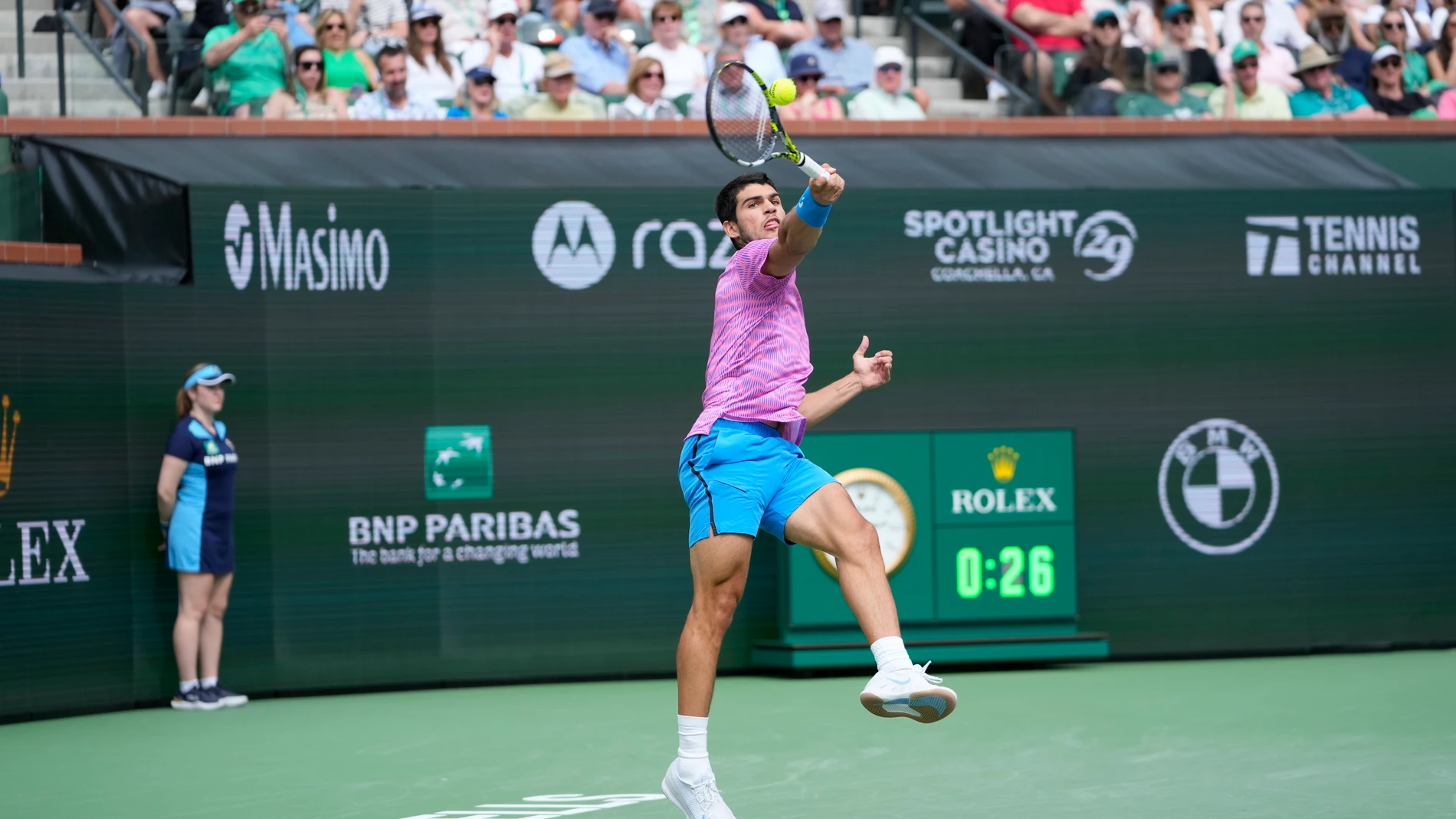 Carlos Alcaraz, of Spain, returns to Daniil Medvedev, of Russia, during the final match at the BNP Paribas Open tennis tournament, Sunday, March 17, 2024, in Indian Wells, Calif. (AP Photo/Ryan Sun)