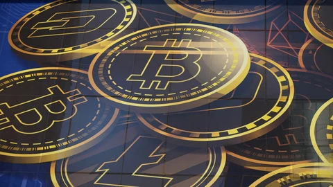 An advertisement of Bitcoin, one of the cryptocurrencies, is displayed on a building in Hong Kong.