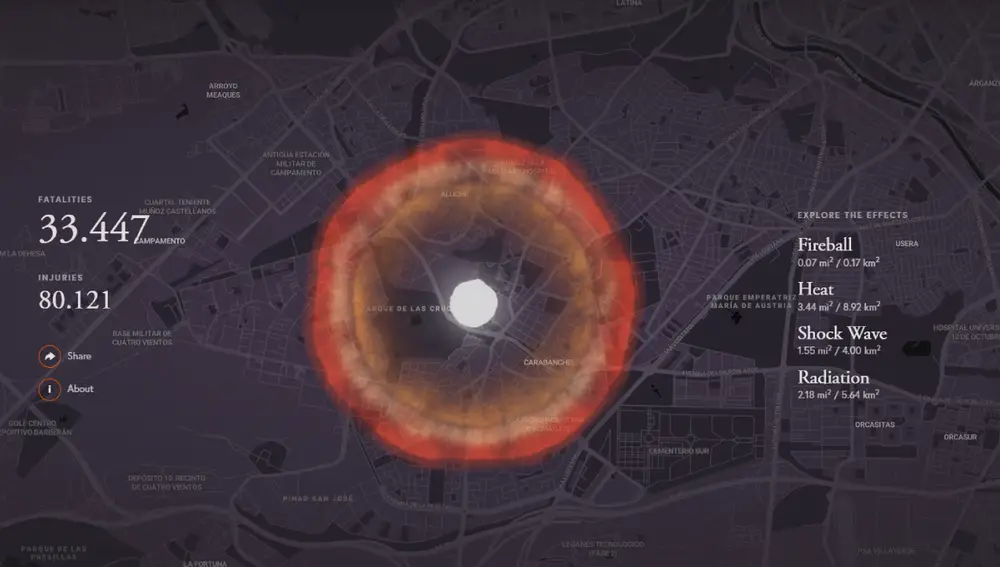 Simulación de detonación nuclear en el sur de Madrid con una bomba de 15 kt.
