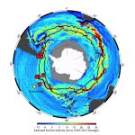 Impulsada por vientos poderosos, la Corriente Circumpolar Antártica gira en sentido horario alrededor del continente del sur. Los colores más cálidos representan velocidades más altas; los puntos rojos son los lugares de perforación. 