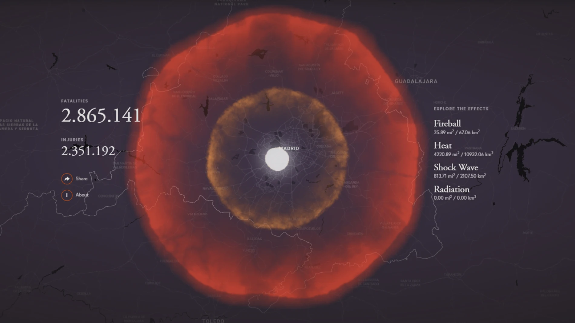 En este mapa interactivo puedes ver qué pasaría si una bomba nuclear cayera en tu ciudad.