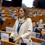 La diputada del PP Milagros Marcos durante su intervención en la COSAC, en el Parlamento Europeo