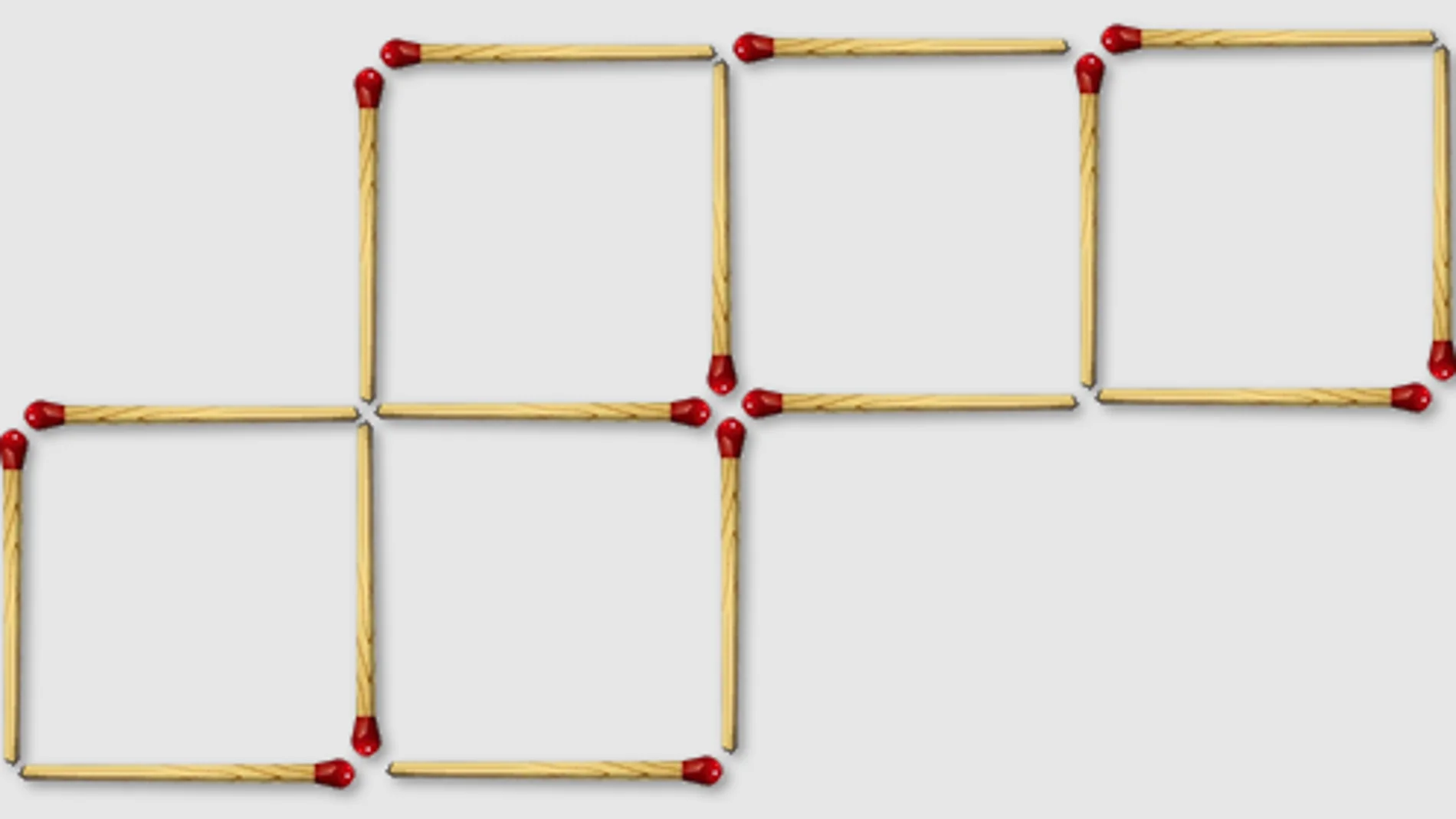 El reto consiste en mover dos de las cerillas para formar cuatro cuadrados iguales, en lugar de los cinco que hay actualmente en la imagen