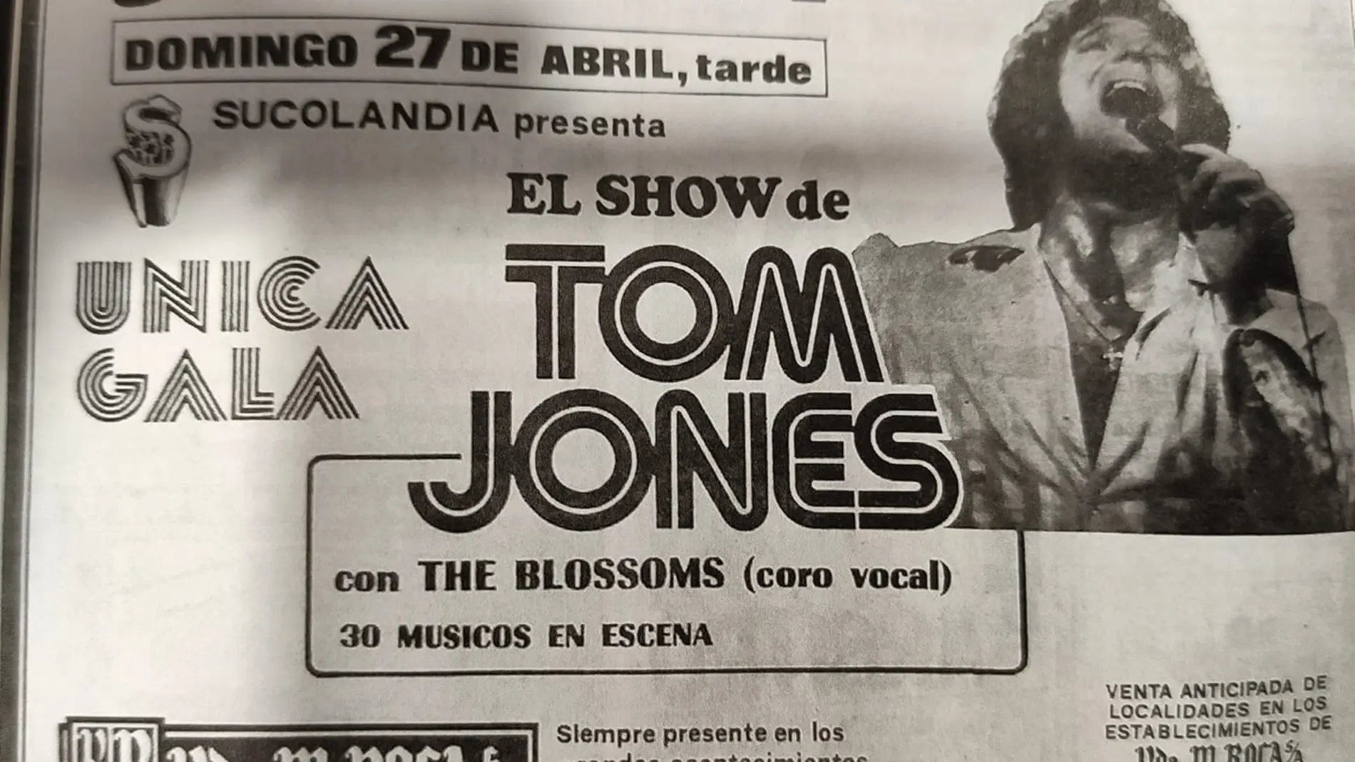 Imagen del anuncio en la prensa local anunciando el concierto de Tom Jones hace 49 años