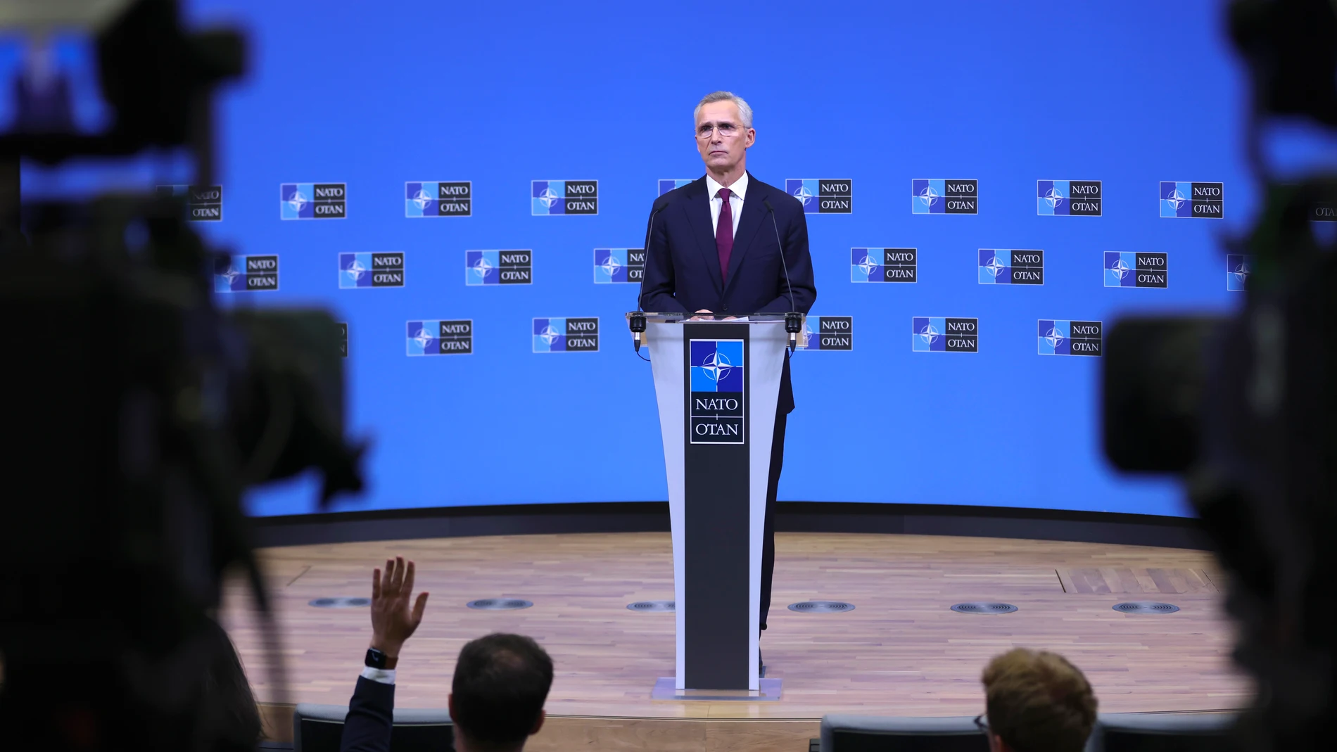 NATO Secretary General Jens Stoltenberg addresses a media conference after a meeting of NATO foreign ministers at NATO headquarters in Brussels, Thursday, April 4, 2024. (Johanna Geron, Pool Photo via AP)