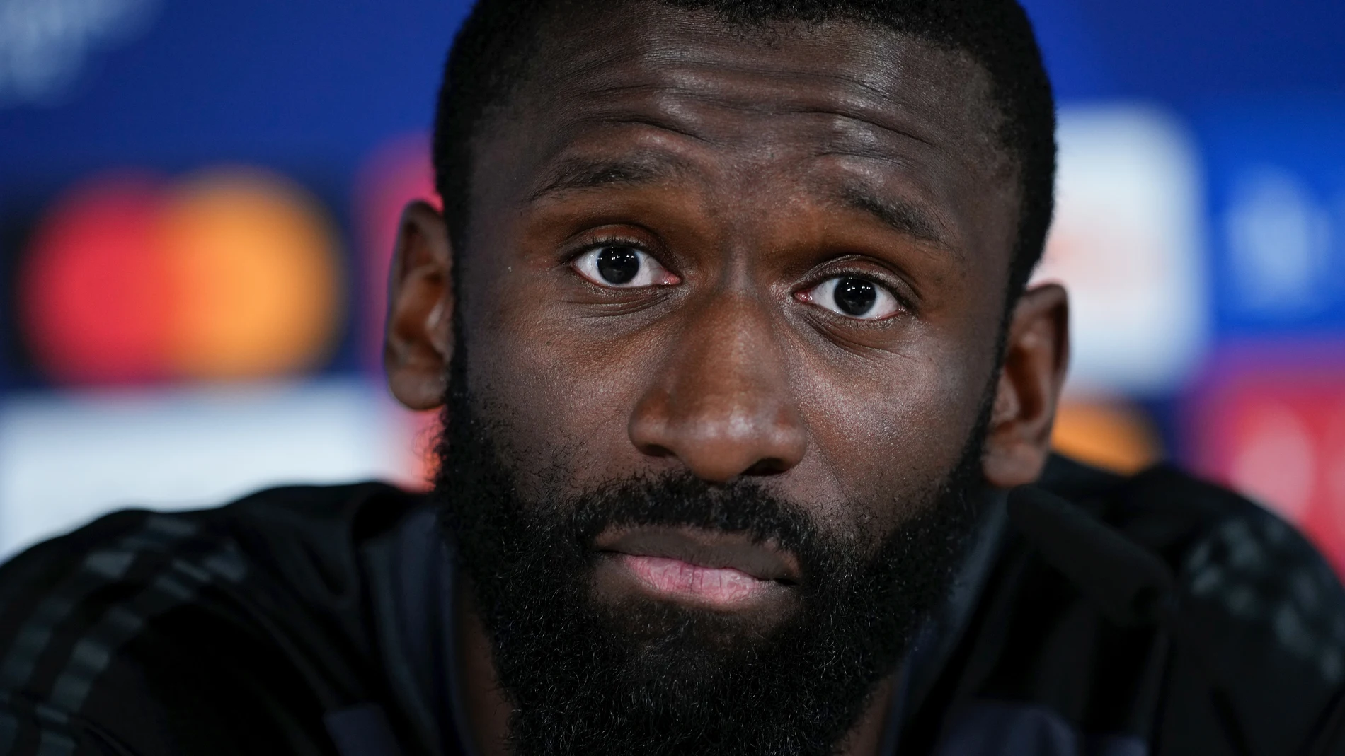 Antonio Rudiger attends his press conference after the training session of Real Madrid before the UEFA Champions League, Quarter finals, football match against Manchester City at Ciudad Deportiva Real Madrid on April 8, 2024, in Valdebebas, Madrid, Spain. AFP7 08/04/2024 ONLY FOR USE IN SPAIN